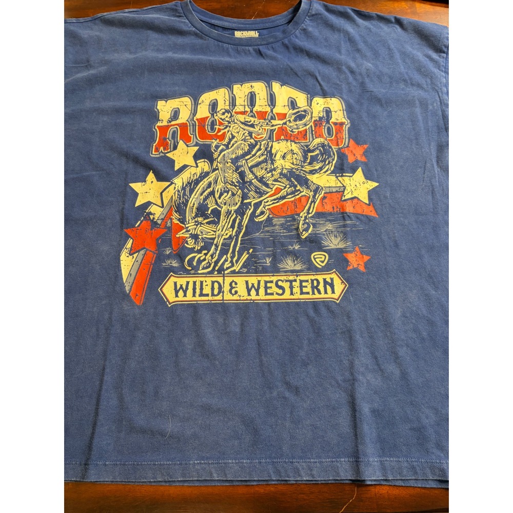 Rock & Roll Denim Rodeo Wild & Western Graphic T-Shirt Blue XL NWT